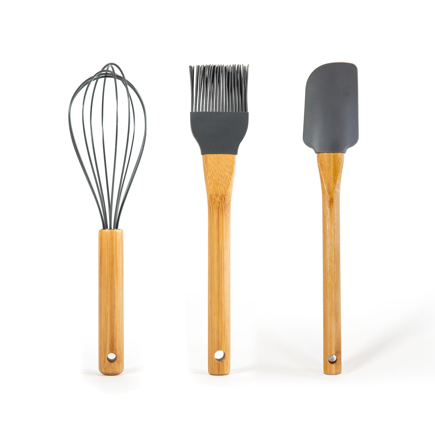 Küchenhelfer-Set aus Bambus/Silikon 3er-Set: Spatel, Pinsel, Schneebesen